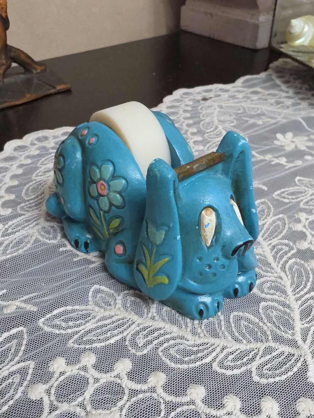 Hand-Painted Blue Ceramic Dog Tape Dispenser - Floral Design